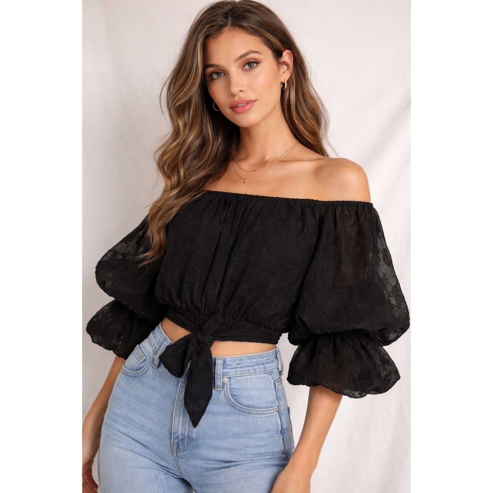 DO BE Black Sheer Puff Sleeve Tie Back Crop Top